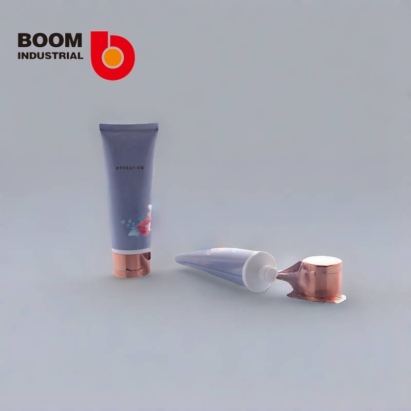 35mm diameter tube with offset printing + hot stamping and electroplated rose gold-colored flip cap